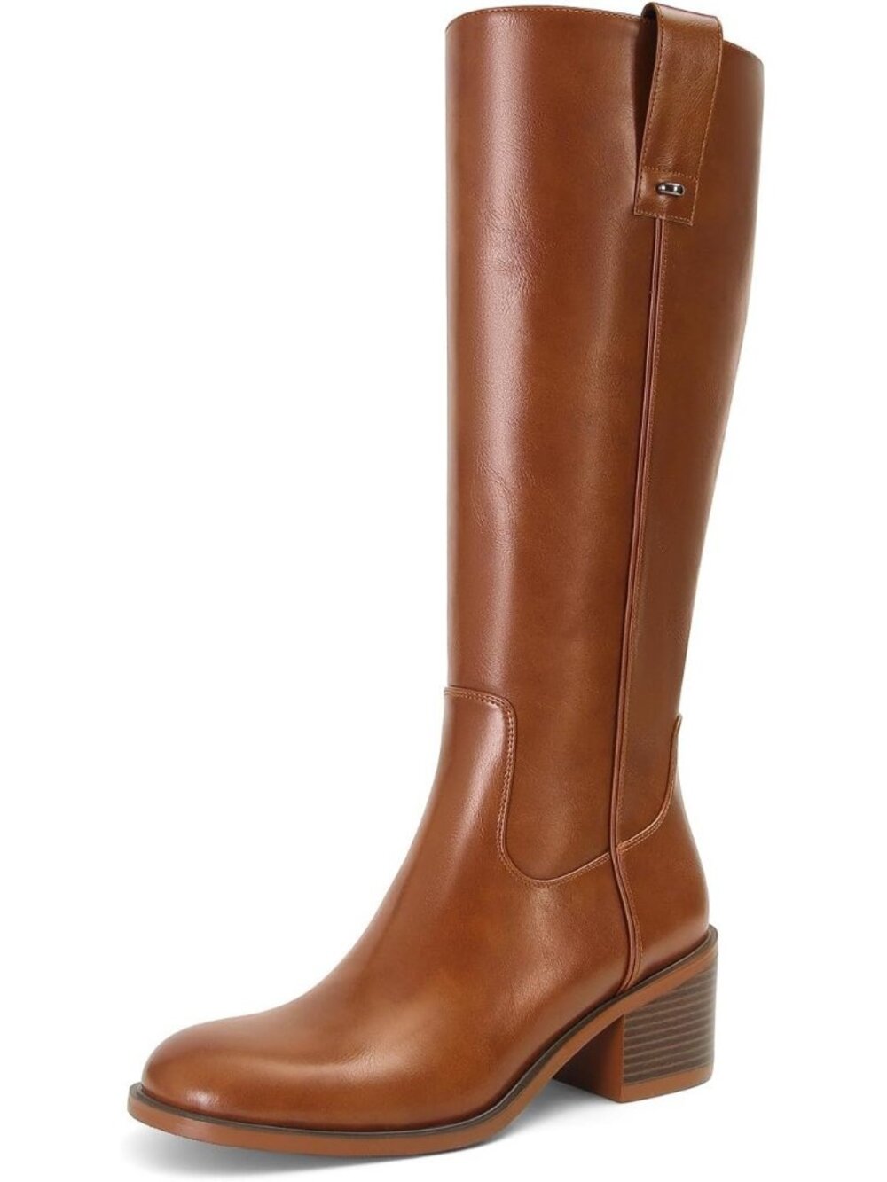 Women's Tan Round Toe Comfortable Low Block Chunky Heel Side Zipper Tall Boots
